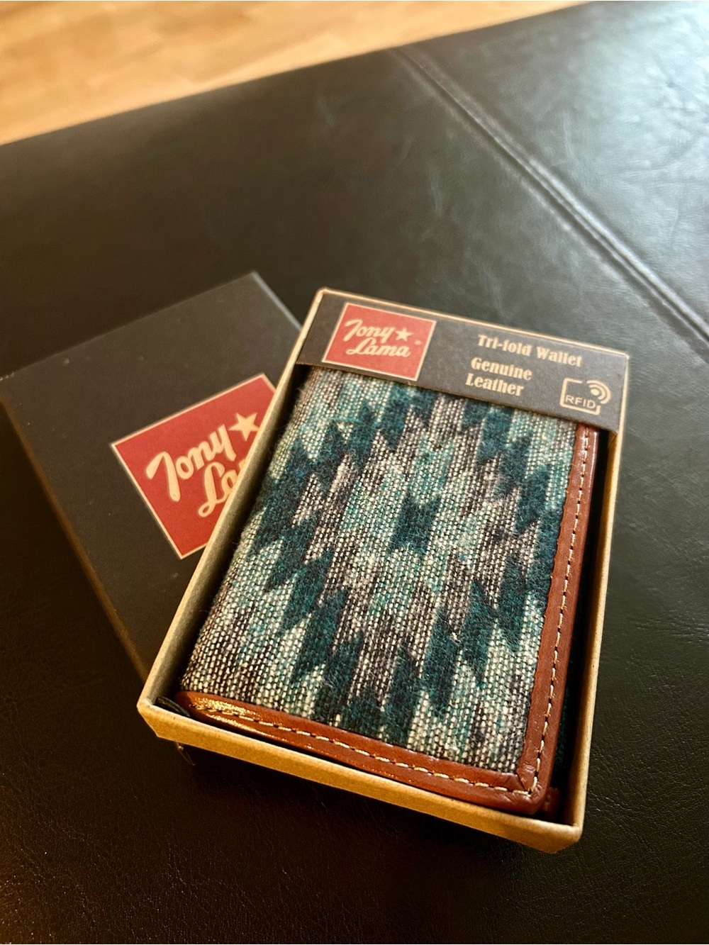 Tony Lama Teal Patterned Wallet with Brown Leather Trim